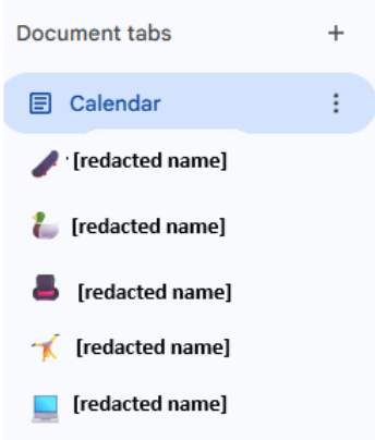 Photo of Google docs side bar with date names redacted