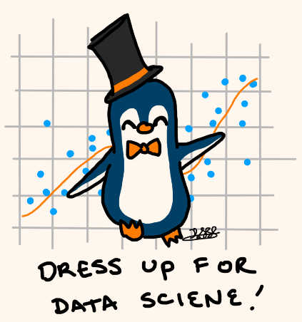 Image of penguin in top hat captioned "Dress up for data science"